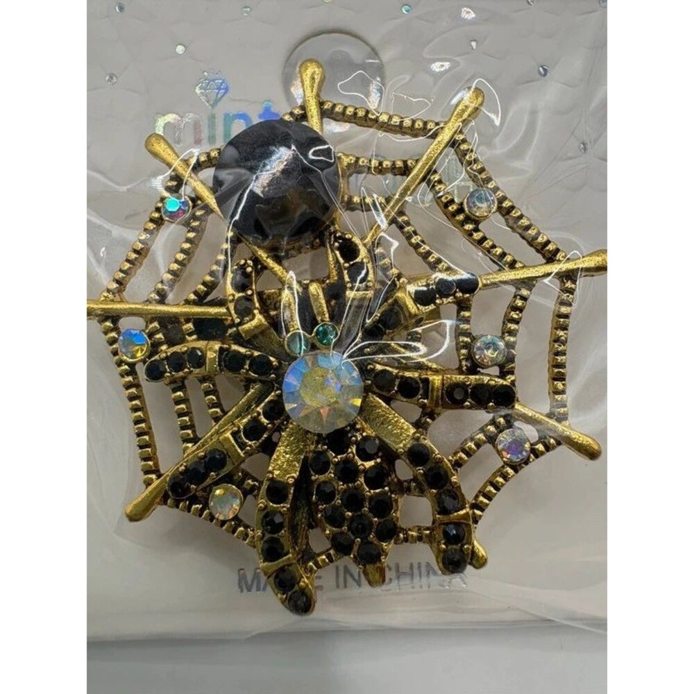 Halloween Spider Web Brooch Black Rhinestone Antiqued Gold Tone